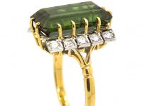 1950's 18ct Gold Rectangular Cut Green Tourmaline & Diamond Ring