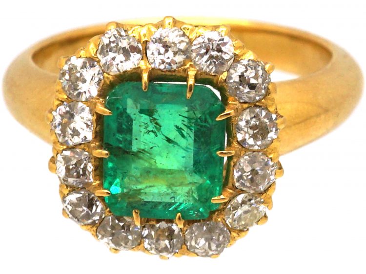 Victorian 18ct Gold, Emerald & Diamond Cluster Ring