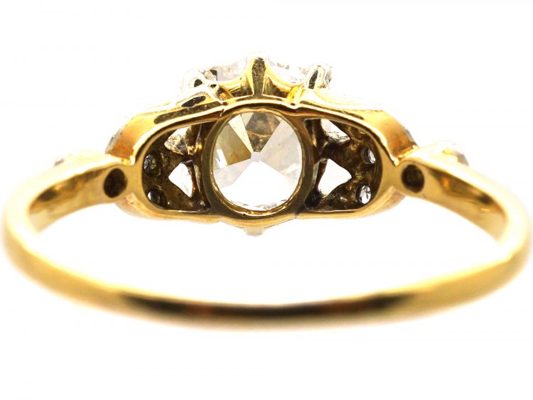 Edwardian 18ct Gold & Platinum, Diamond Solitaire Ring with Diamond Set Leaf Shoulders