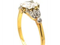 Edwardian 18ct Gold & Platinum, Diamond Solitaire Ring with Diamond Set Leaf Shoulders