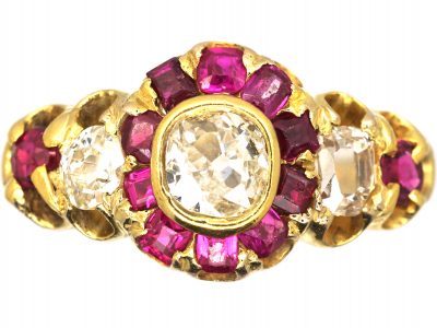 Victorian 18ct Gold, Ruby & Diamond Cluster Ring with Diamond & Ruby Shoulders