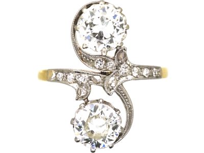 Art Nouveau 18ct Gold & Platinum Two Stone Diamond Twist Ring