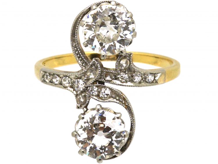 Art Nouveau 18ct Gold & Platinum Two Stone Diamond Twist Ring