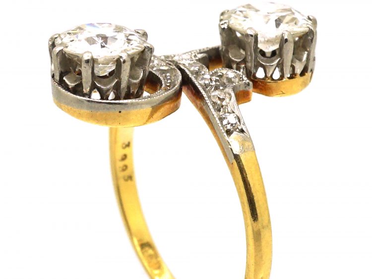 Art Nouveau 18ct Gold & Platinum Two Stone Diamond Twist Ring