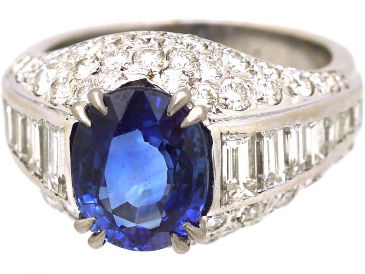 French Early 20th Century Platinum, Bombe Ring set with a Sapphire & Diamonds