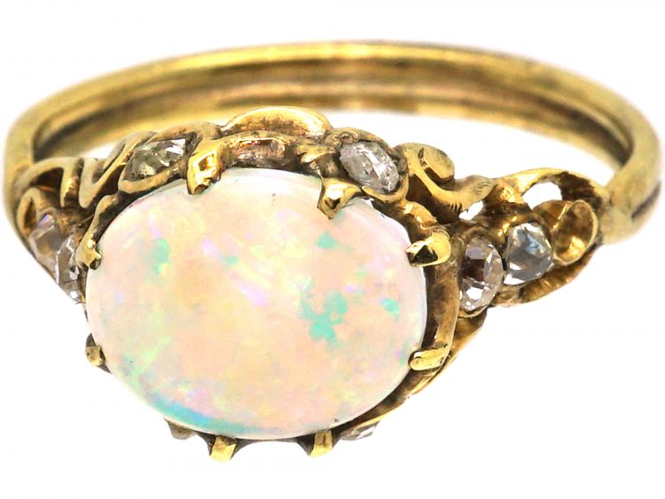 Art Nouveau 18ct Gold Ring set with an Opal with Diamond Detail