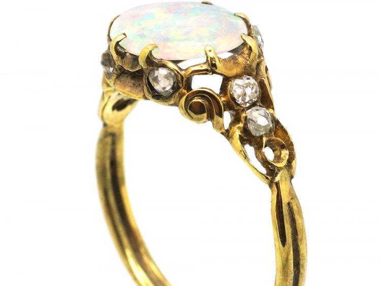 Art Nouveau 18ct Gold Ring set with an Opal with Diamond Detail