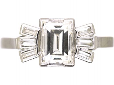 Art Deco Platinum Ring set with a Rectangular Cut Diamond with Baguette Cut Diamond Shoulders