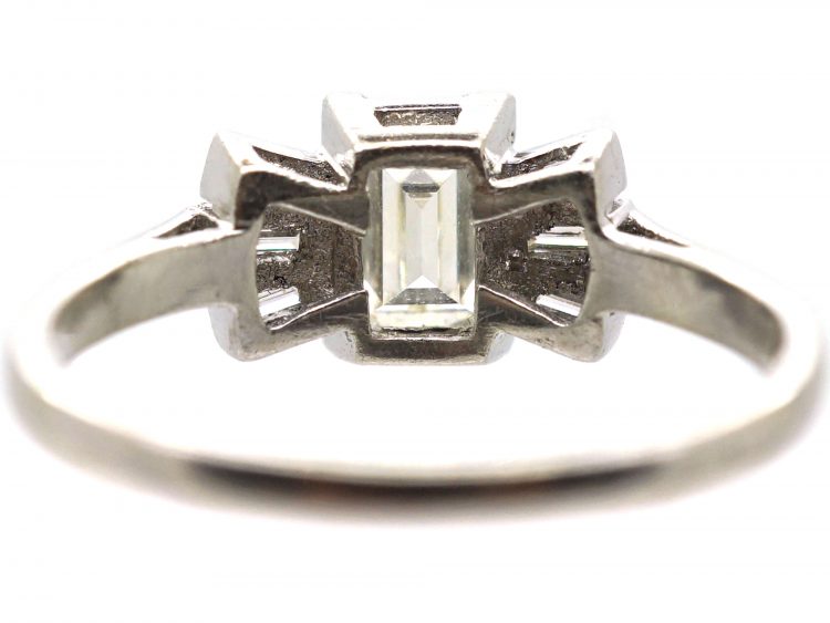 Art Deco Platinum Ring set with a Rectangular Cut Diamond with Baguette Cut Diamond Shoulders