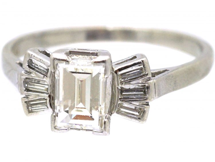 Art Deco Platinum Ring set with a Rectangular Cut Diamond with Baguette Cut Diamond Shoulders