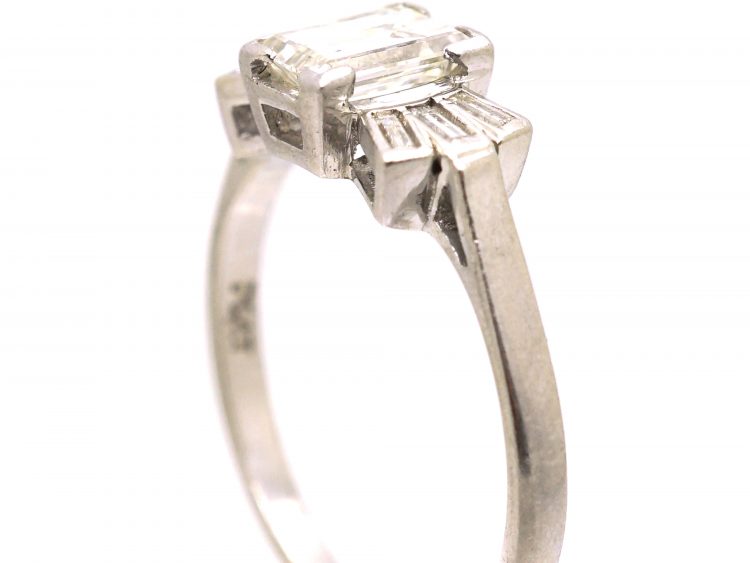 Art Deco Platinum Ring set with a Rectangular Cut Diamond with Baguette Cut Diamond Shoulders