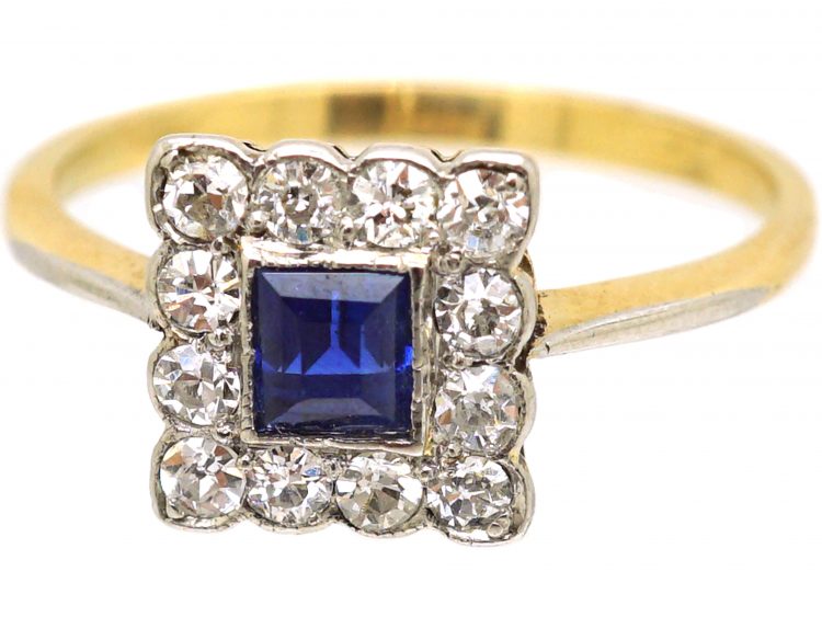 Early 20th Century 18ct Gold & Platinum, Square Ring set with a Sapphire & Diamonds