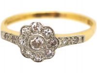 Edwardian 18ct Gold & Platinum, Daisy Cluster Ring with Diamond Set Shoulders