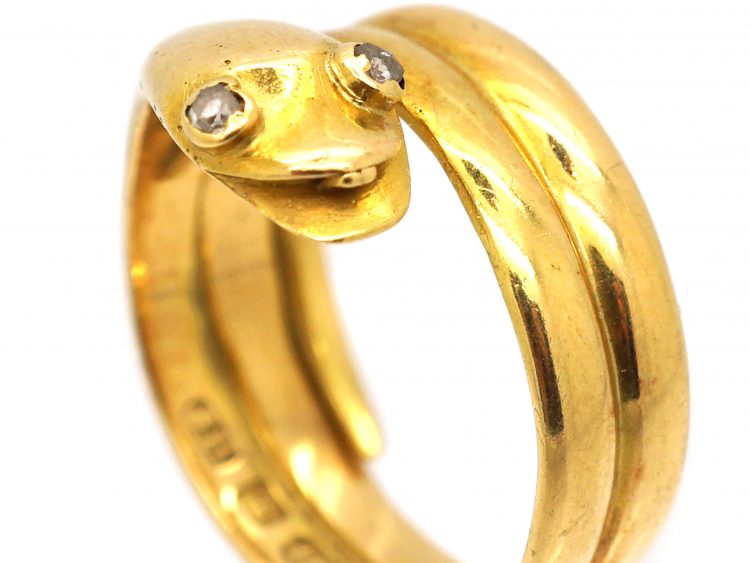 Edwardian 18ct Gold Snake Ring with Rose Diamond Eyes