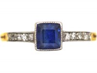 Early 20th Century 18ct Gold & Platinum, Square Cut Sapphire Ring with Diamond set Shoulders