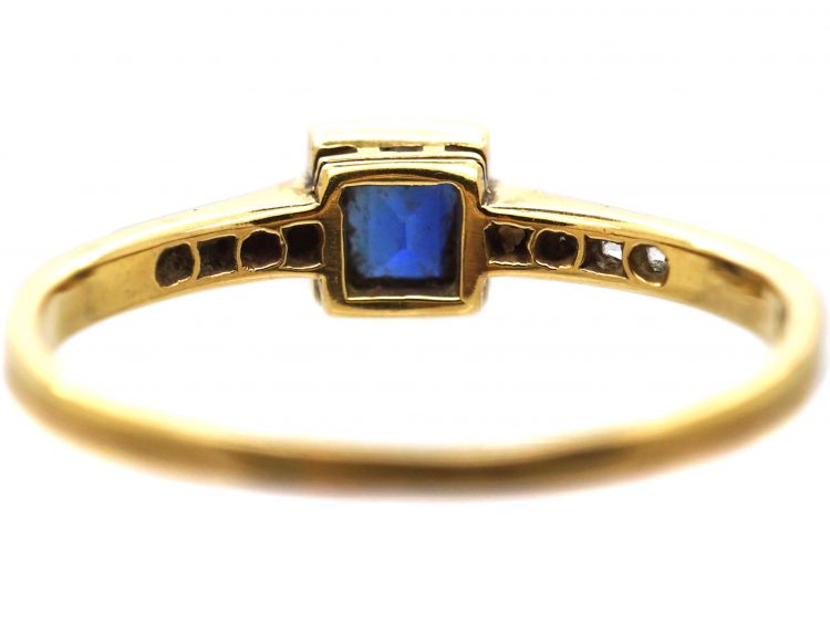 Early 20th Century 18ct Gold & Platinum, Square Cut Sapphire Ring with Diamond set Shoulders