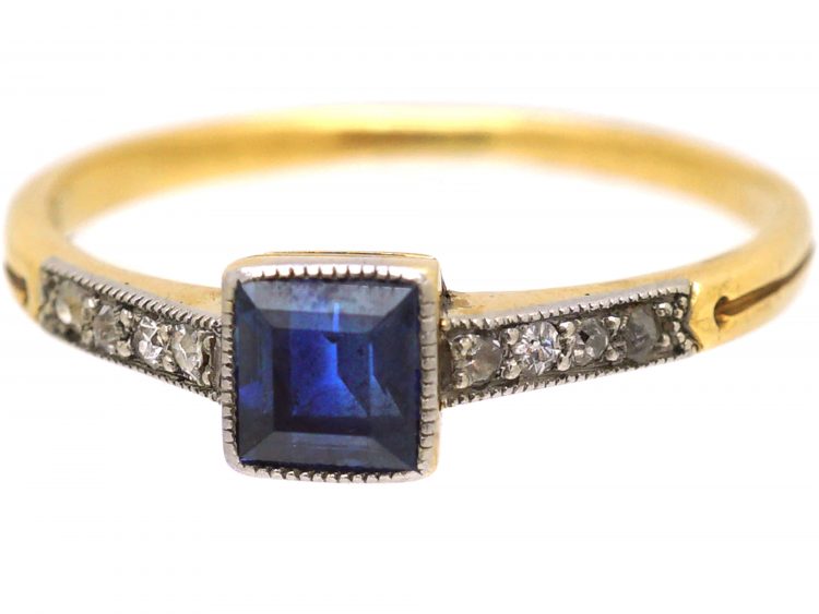 Early 20th Century 18ct Gold & Platinum, Square Cut Sapphire Ring with Diamond set Shoulders