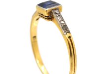 Early 20th Century 18ct Gold & Platinum, Square Cut Sapphire Ring with Diamond set Shoulders