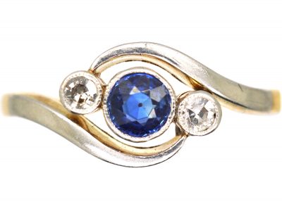 Edwardian 18ct Gold & Platinum, Sapphire & Diamond Three Stone Crossover Ring