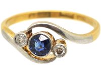 Edwardian 18ct Gold & Platinum, Sapphire & Diamond Three Stone Crossover Ring