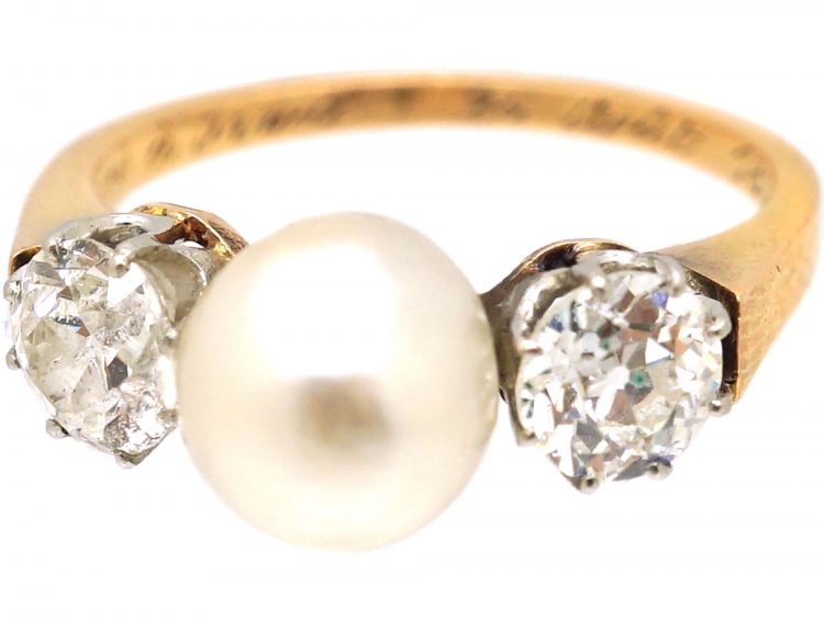 Late 19th Century French 18ct Gold Ring set with a natural Pearl & Two Diamonds