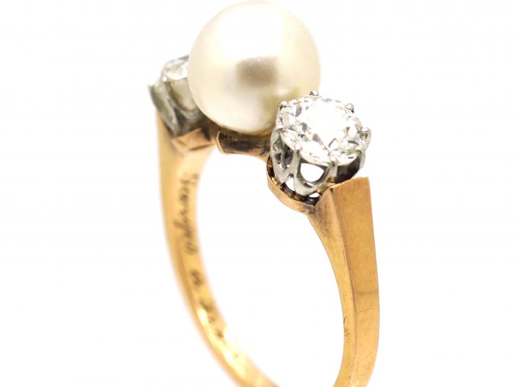 Late 19th Century French 18ct Gold Ring set with a natural Pearl & Two Diamonds