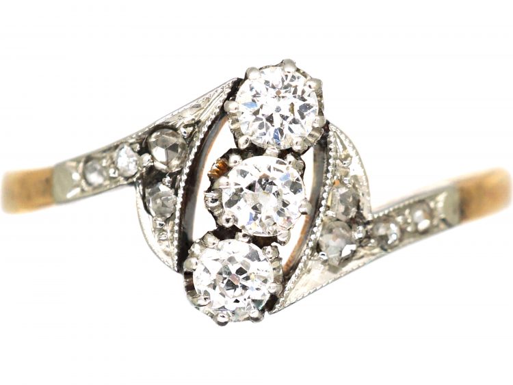 Early 20th Century 14ct Gold & Platinum, Slanted Three Stone Diamond Ring with Diamond set Shoulders