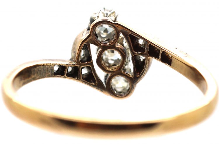 Early 20th Century 14ct Gold & Platinum, Slanted Three Stone Diamond Ring with Diamond set Shoulders