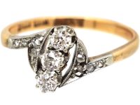 Early 20th Century 14ct Gold & Platinum, Slanted Three Stone Diamond Ring with Diamond set Shoulders