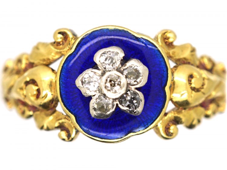 Georgian 18ct Gold Ring with Blue Enamel & Diamond Flower Detail