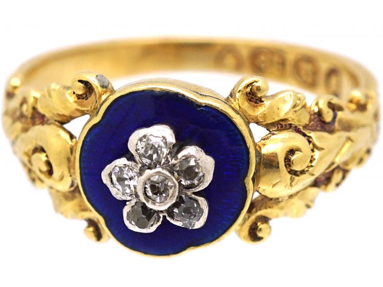 Georgian 18ct Gold Ring with Blue Enamel & Diamond Flower Detail