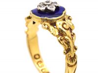 Georgian 18ct Gold Ring with Blue Enamel & Diamond Flower Detail