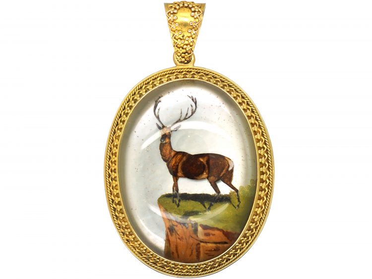 Victorian Large 18ct Gold Pendant with Reverse Intaglio Rock Crystal Intaglio of a Stag in Original Case