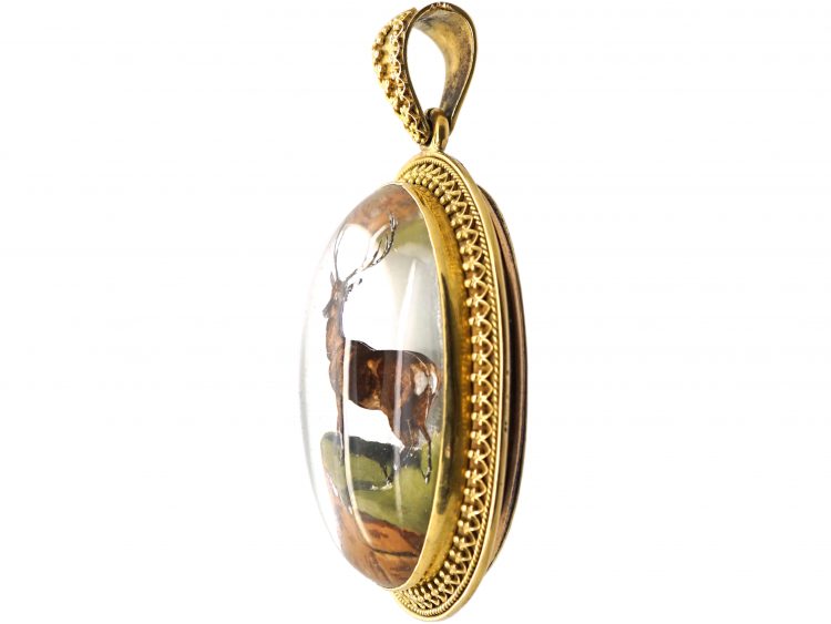 Victorian Large 18ct Gold Pendant with Reverse Intaglio Rock Crystal Intaglio of a Stag in Original Case