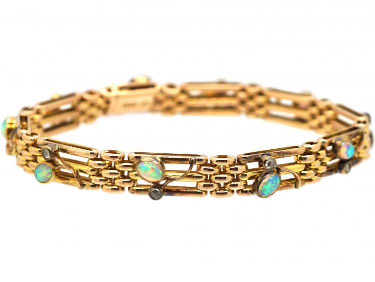 Edwardian 9ct Gold Bracelet set with Opals & Rose Diamonds by Alabaster & Wilson