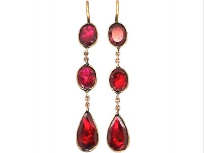 Edwardian 9ct Gold Flat Cut Garnet Drop Earrings