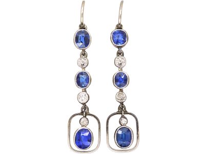 Edwardian 18ct White Gold, Sapphire & Diamond Drop Earrings