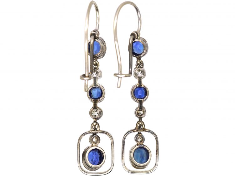 Edwardian 18ct White Gold, Sapphire & Diamond Drop Earrings