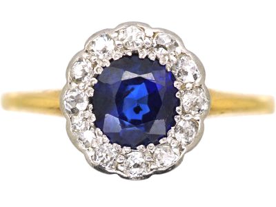 Edwardian 18ct Gold & Platinum, Sapphire & Diamond Cluster Ring