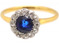 Edwardian 18ct Gold & Platinum, Sapphire & Diamond Cluster Ring