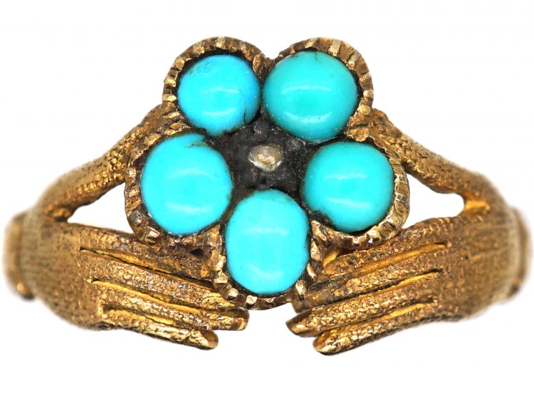 Early 19th Century 15ct Gold Fede Ring with Turquoise & Diamond set Forget me Not