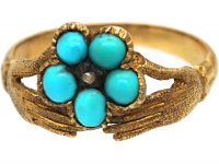 Early 19th Century 15ct Gold Fede Ring with Turquoise & Diamond set Forget me Not