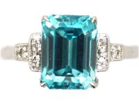 Art Deco 18ct White Gold, Rectangular Cut Zircon Ring with Step Down Shoulders set with Diamonds