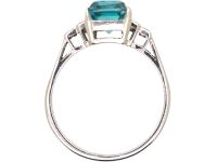 Art Deco 18ct White Gold, Rectangular Cut Zircon Ring with Step Down Shoulders set with Diamonds