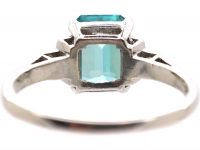 Art Deco 18ct White Gold, Rectangular Cut Zircon Ring with Step Down Shoulders set with Diamonds