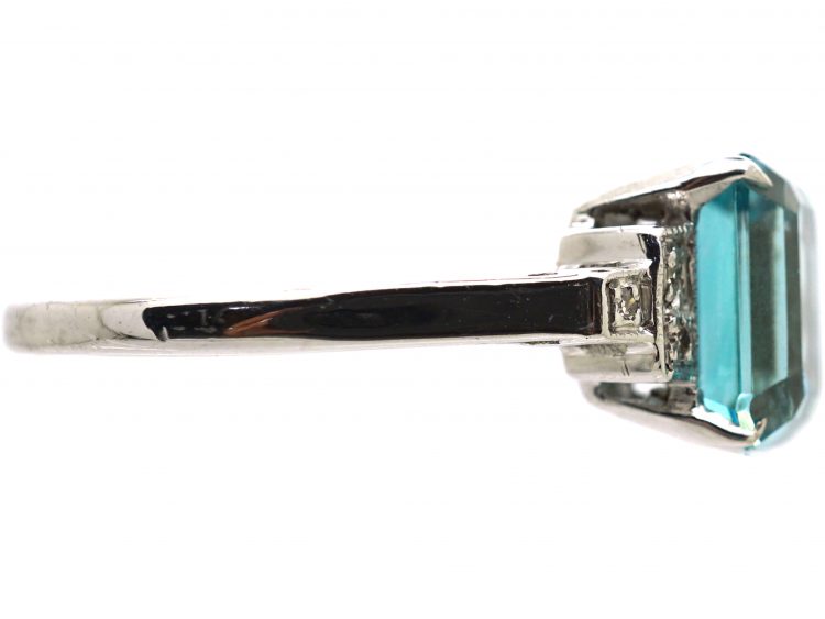 Art Deco 18ct White Gold, Rectangular Cut Zircon Ring with Step Down Shoulders set with Diamonds