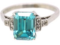 Art Deco 18ct White Gold, Rectangular Cut Zircon Ring with Step Down Shoulders set with Diamonds