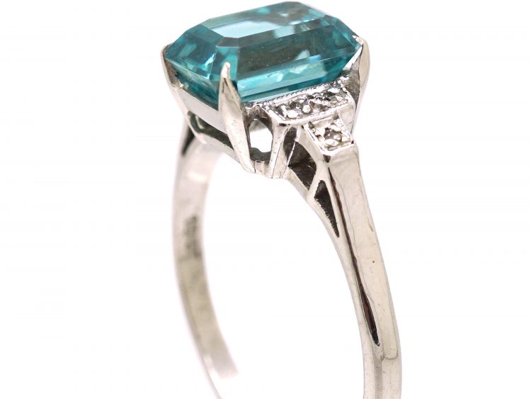 Art Deco 18ct White Gold, Rectangular Cut Zircon Ring with Step Down Shoulders set with Diamonds