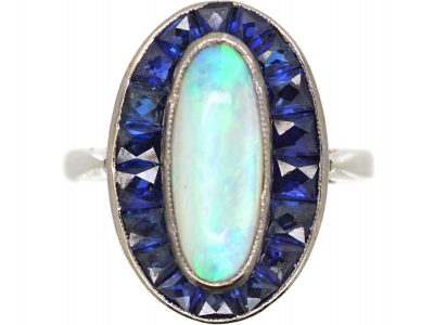 Early 20th Century French 18ct White Gold, Opal & Sapphire Oval Ring