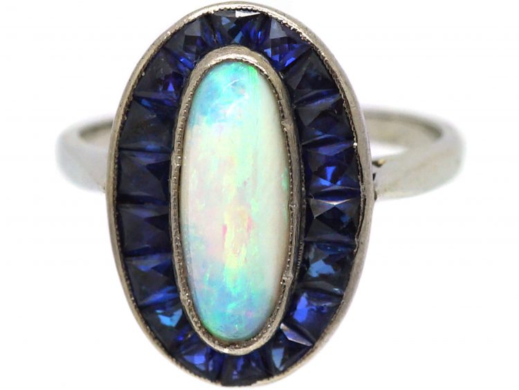 Early 20th Century French 18ct White Gold, Opal & Sapphire Oval Ring